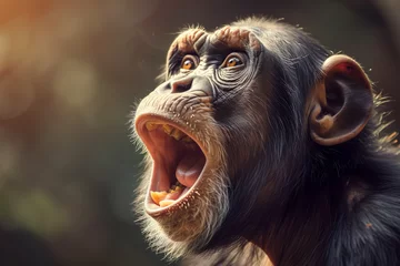 Poster Face of surprised screaming monkey in profile on green foliage background of nature or zoo, Action and expression looks like very happy mood © tatsiana502