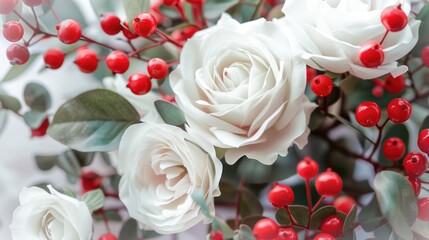 Fototapeta premium A beautiful bouquet of white roses and red berries. Perfect for weddings and special occasions.