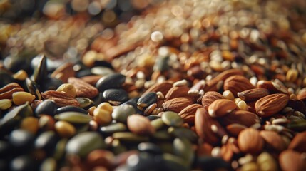 Various nuts and seeds arranged on a table, suitable for food and nutrition concepts.