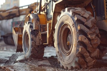 Close up of tractor tire in muddy field, ideal for agriculture or transportation concepts.