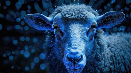Close up of a sheep's face with blue lights in the background. Great for farm or animal themed designs. - obrazy, fototapety, plakaty