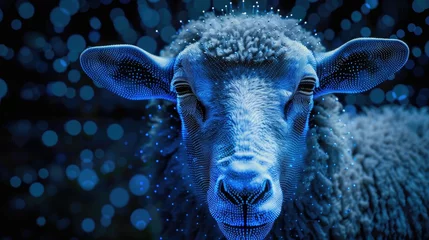 Foto op Aluminium Close up of a sheep's face with blue lights in the background. Great for farm or animal themed designs. © Fotograf