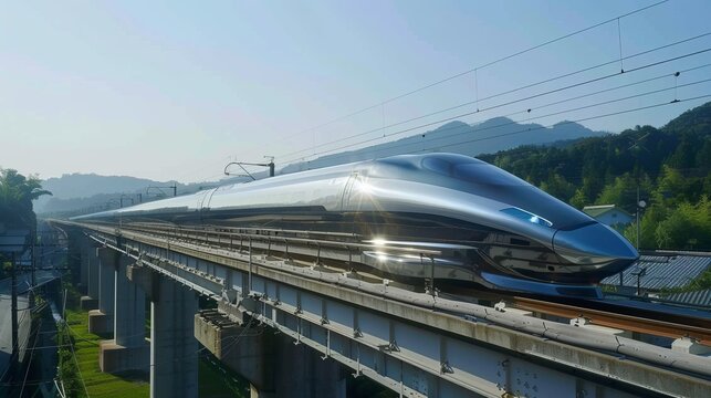 High-speed bullet train slicing through the countryside with magnetic levitation technology