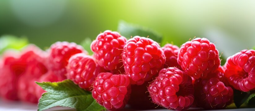 A variety of seedless fruits such as raspberries, salmonberries, and wine raspberries with green leaves are displayed on a table, perfect for creating delicious natural foods and desserts