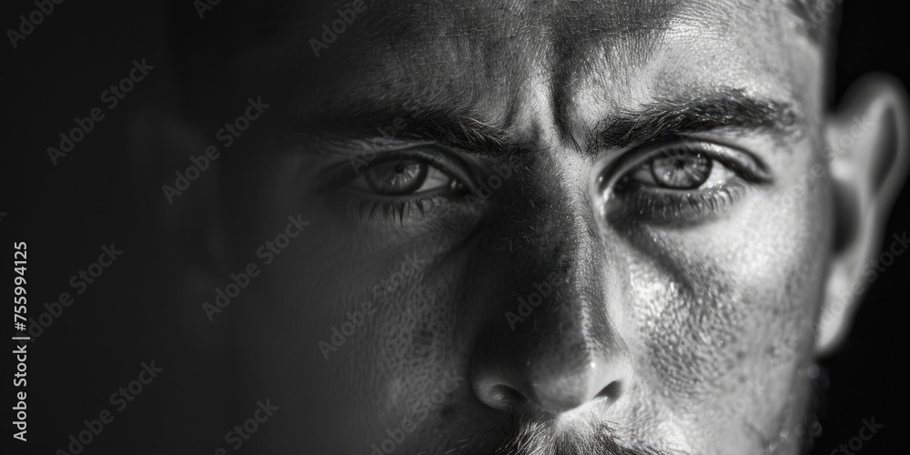 Poster Close-up portrait of a man in black and white. Suitable for various projects.