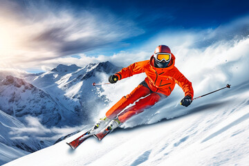 Fototapeta na wymiar Alpine skier skiing downhill panoramic format