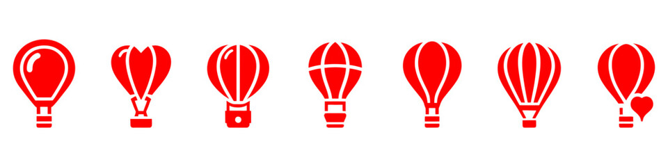 Hot Air Balloon with Basket Line and Silhouette Color Icon Set. Fly Hotair Ballon for Sky Journey Outline and Solid Symbol Collection. Flight Baloon for Travel Pictogram. Isolated Vector Illustration