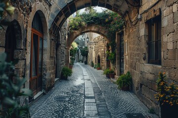 Fototapeta na wymiar A picturesque scene of a stone arch on a narrow cobblestone street. Perfect for travel blogs or historical articles.