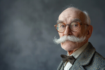 Distinguished gentleman with mustache, vintage style, gray background - obrazy, fototapety, plakaty