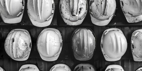 A black and white photo of a bunch of hard hats. Suitable for construction industry projects. - obrazy, fototapety, plakaty