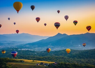 a group of hot air balloons flying over a valley and mountains at sunset or sunrise