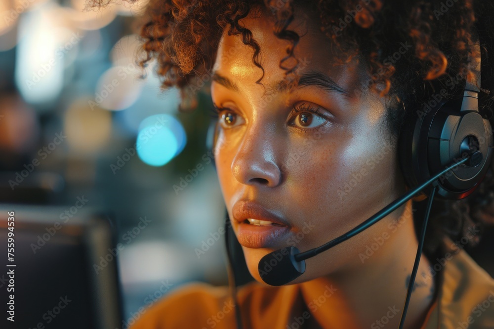 Poster close up of a person wearing a headset. suitable for technology concepts.