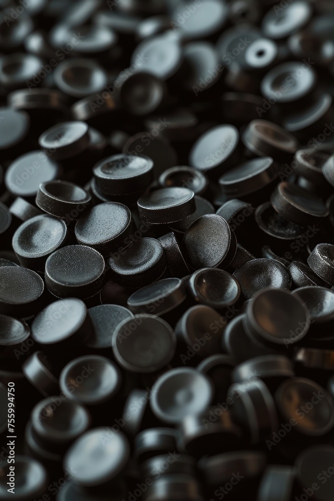 Poster a pile of black buttons on a table, suitable for fashion design projects.