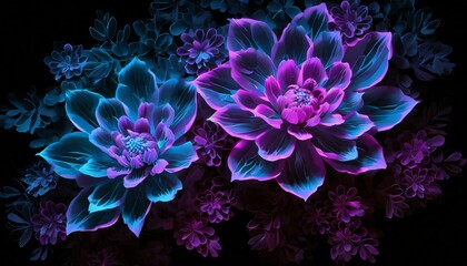 Fototapeta na wymiar Creative abstract neon background, 3D neon flowers in bloom against black background 