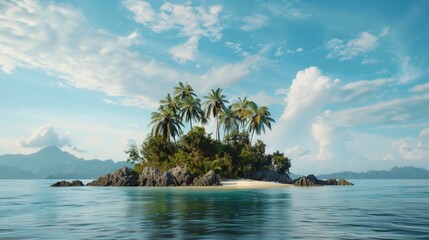 A small island surrounded by vast ocean. Suitable for travel and nature themes.
