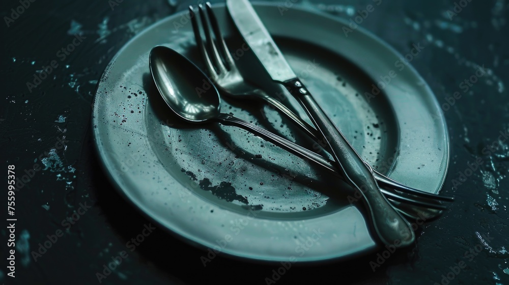 Poster A plate with two forks and a knife. Suitable for restaurant menus or dining concepts.