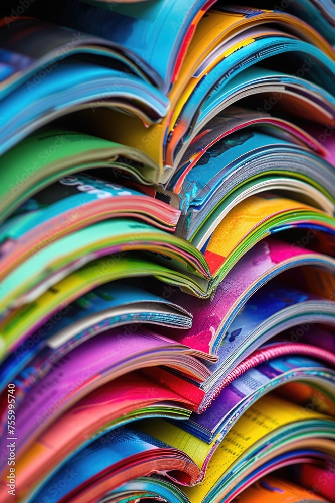 Poster A stack of colorful books piled on top of each other. Perfect for educational or reading-related projects.
