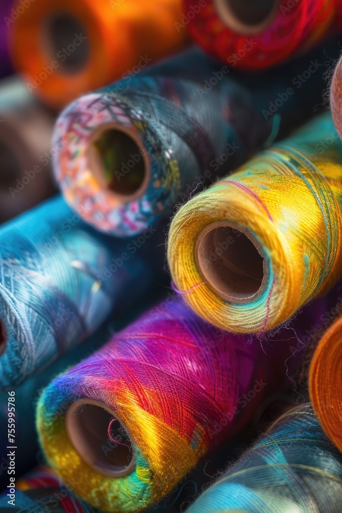 Poster a pile of colorful thread spools. perfect for sewing and crafting projects.