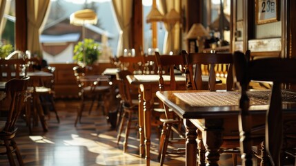 An empty restaurant with wooden tables and chairs. Ideal for restaurant marketing materials.