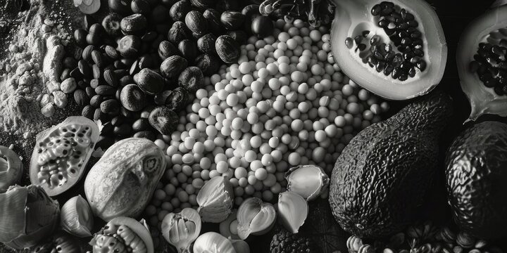 A black and white image of various fruits and vegetables. Suitable for food and nutrition concepts. .