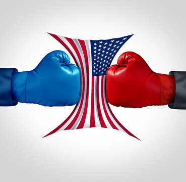 US Election Campaign and Left wing or right vote fighters as united states elections or American voting concept with conservative and liberal politicians fighting for president senate or congress.