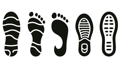 Human footprints icon set. Foot imprint, footsteps flat line black vector collection isolated on transparent background. Human footprints silhouette. Barefoot, sneaker and footstep for web and app - obrazy, fototapety, plakaty