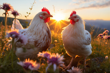 Fototapeta premium Portrait of chickens on a green grass meadow in mountains, bright sunny day, on a ranch in the village, rural surroundings on the background of spring nature