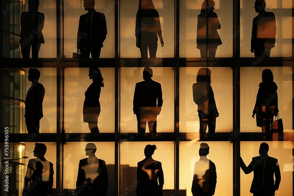 Poster Silhouettes of people standing in front of a window. Suitable for various themes and concepts.