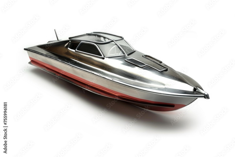 Poster A silver and red boat on a white surface. Suitable for nautical and transportation concepts.