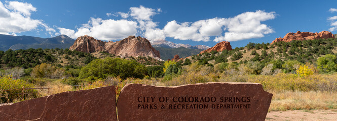 Panoramic view of Garden of the Gods Park with City of Colorado Springs Parks and Recreation...