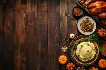 Festive table with turkey, potatoes and pumpkins. Perfect for holiday gatherings.
