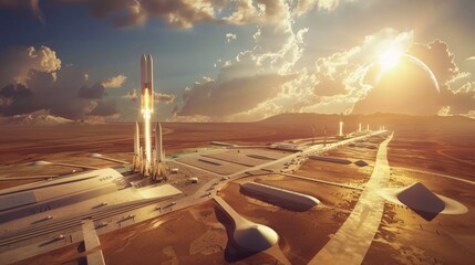 Spaceport launch site with reusable rockets and satellite deployment technology - obrazy, fototapety, plakaty