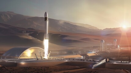 Spaceport launch site with reusable rockets and satellite deployment technology - obrazy, fototapety, plakaty