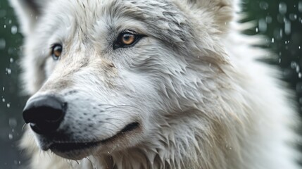 a view close up white wolf with raindrop background