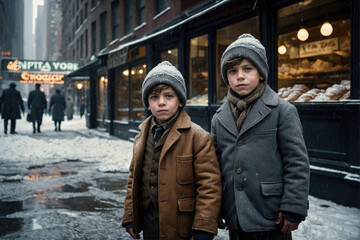 portrait of poor 10 year old children in front of a bakery in the streets of New York in the early twentieth century