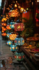 Islamic colorful lanterns on the street for Eid Ramadan banner poster design