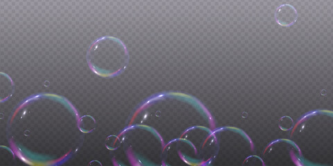 Realistic 3d soap bubbles with rainbow reflection. Bubbles are located on a transparent background. Vector flying soap bubble. Bubble Transparent realistic Water glass bubble