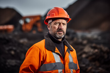 Manager at Industrial Site - Construction manager in a hard hat and orange safety vest standing at an industrial construction site. Ideal for themes of management, construction, and industry.