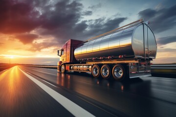 Big metal fuel tanker truck transporting fuel to oil refinery under fiery sunset sky - obrazy, fototapety, plakaty