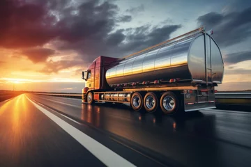 Foto op Canvas Big metal fuel tanker truck transporting fuel to oil refinery under fiery sunset sky © sorin