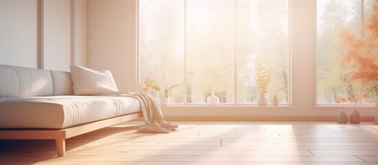 Blurry Living Room with Morning Sunlight Through Big Window for Background Use. Bright Interior Concept with Soft Tones.