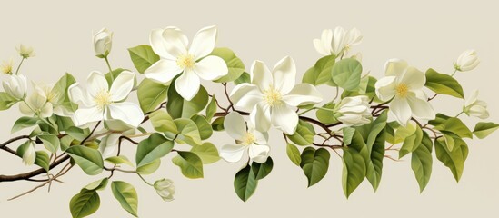 A cluster of white flowers with green leaves, set against a clean white background, creating a serene and elegant image of natures beauty - Powered by Adobe