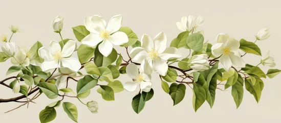 Poster A cluster of white flowers with green leaves, set against a clean white background, creating a serene and elegant image of natures beauty © 2rogan