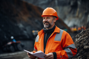 Construction Worker with Helmet and Documents at Job Site