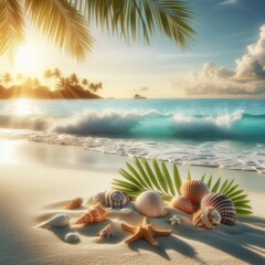 Relaxing paradise view with exotic seashells and starfish on white sand with turquoise waves and tropical palm leaf in the sunrise rays