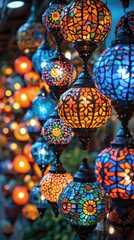 Islamic colorful lanterns on the street for Eid Ramadan banner poster design