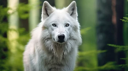 Schilderijen op glas close up photo white wolf with forest background © kucret