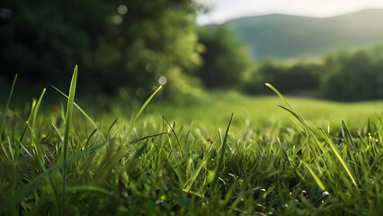 Lush green grass meadow background - obrazy, fototapety, plakaty