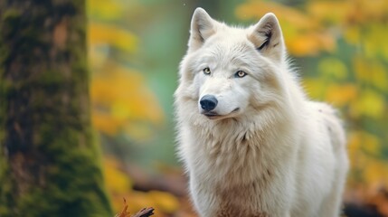 Obraz premium close up photo white wolf with forest background
