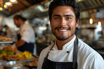 Smiling young Hispanic chef standing in the kitchen of a luxury restaurant, space for text - obrazy, fototapety, plakaty